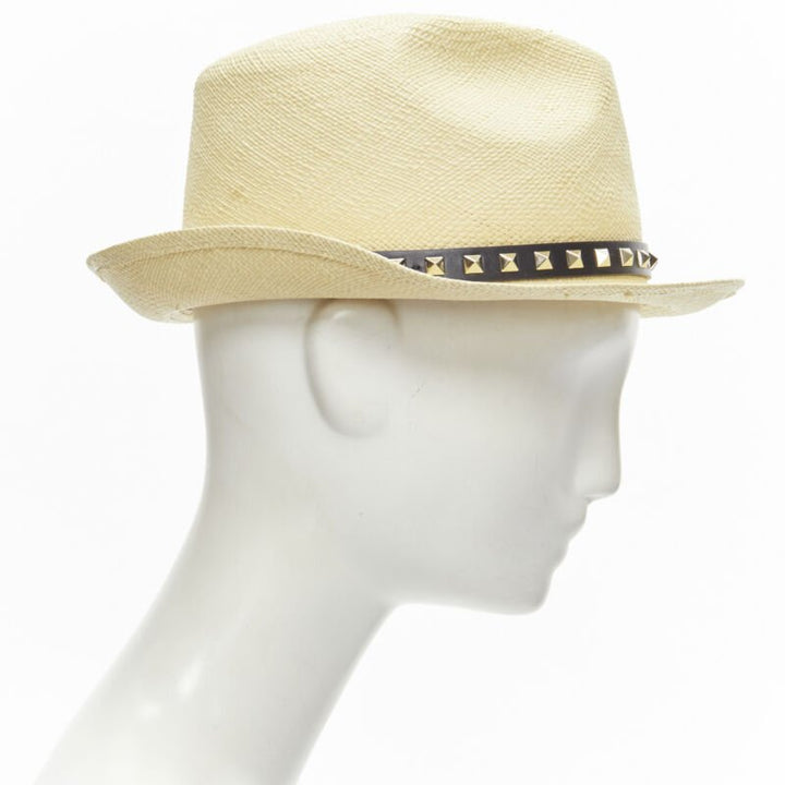 VALENTINO Rockstud beige raffia black calfskin leather studded straw hat