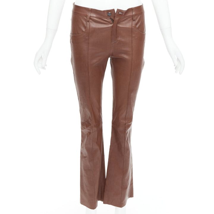 JITROIS brown genuine lambskin leather mid waist flare pants FR36 S