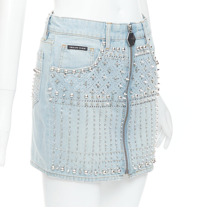 PHILLIP PLEIN New Skirt blue cotton stud crystal front zip skirt 25"