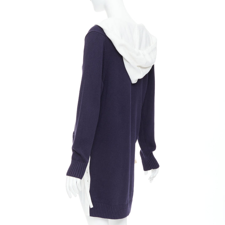 MONSE navy white cotton blend laced side hooded cardigan XS