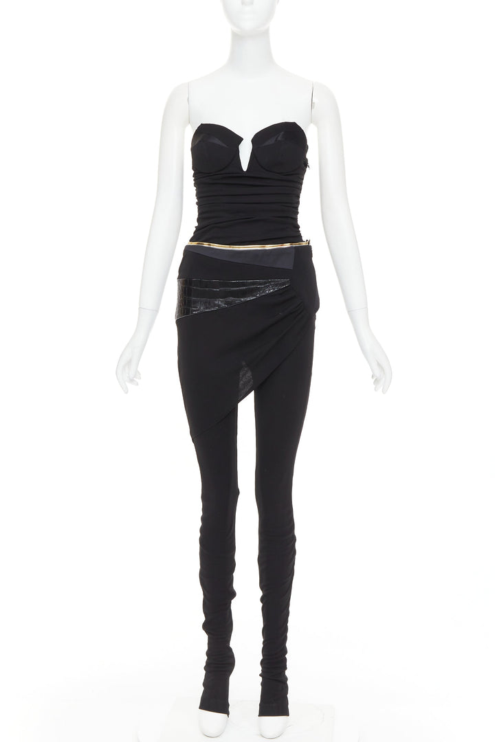 ALEXANDRE VAUTHIER Vintage black faux croc patchwork sweetheart bust jumpsuit