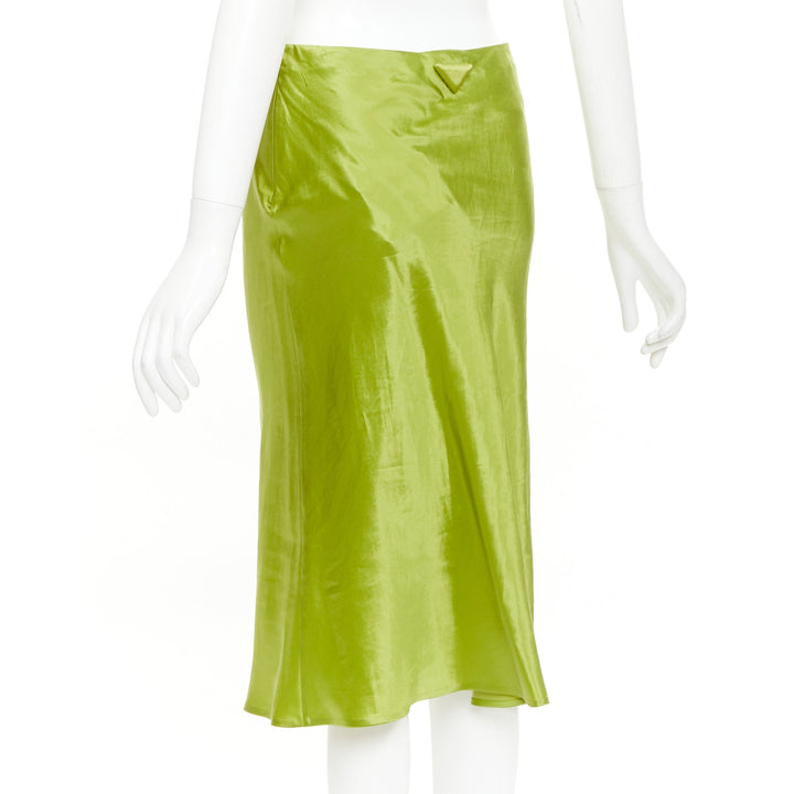 PRADA 2022 Runway fern green satin triangle logo trailing skirt IT38 XS