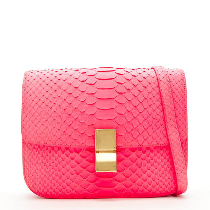 OLD CELINE Medium Classic Box Bag neon pink scaled leather flap crossbody