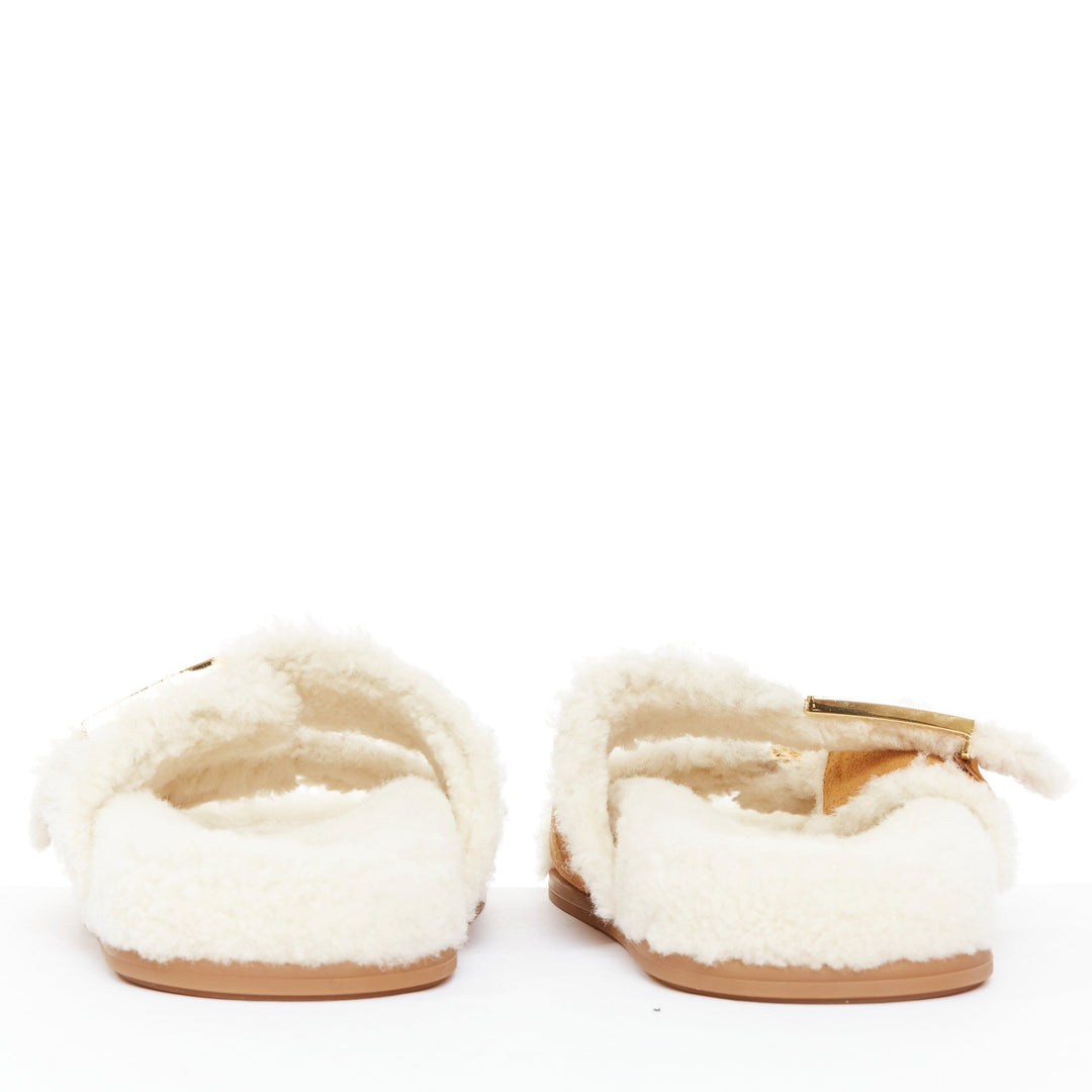FENDI Feel tan brown suede shearling gold FF buckle sandal slides EU38