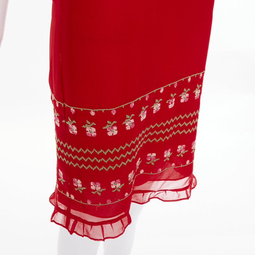 JILL STUART red sheer silk embroidered puff sleeve square neck mini dress US2 S