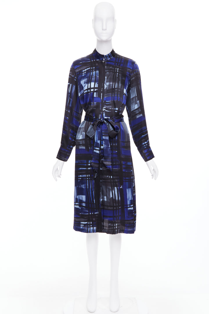 MARINA RINALDI 100% silk blue black brush print belted shirt dress Sz.15 M