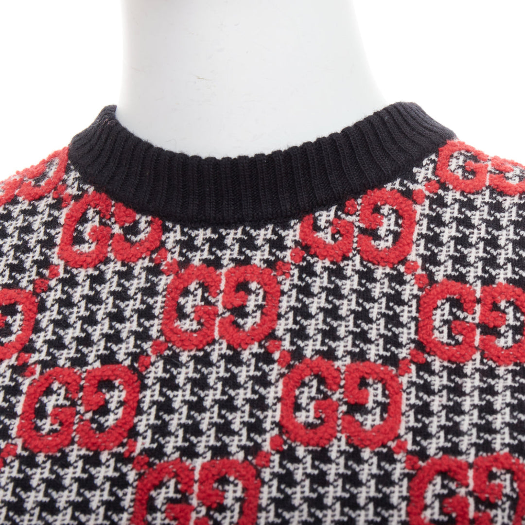 GUCCI 2023 red black Giant Monogram houndstooth intarsia crop sweater XS