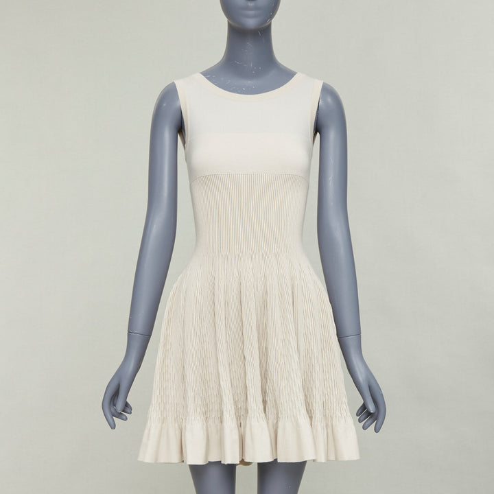 ALAIA ivory beige virgin wool contour waist sleeveless fit flare dress FR36 S