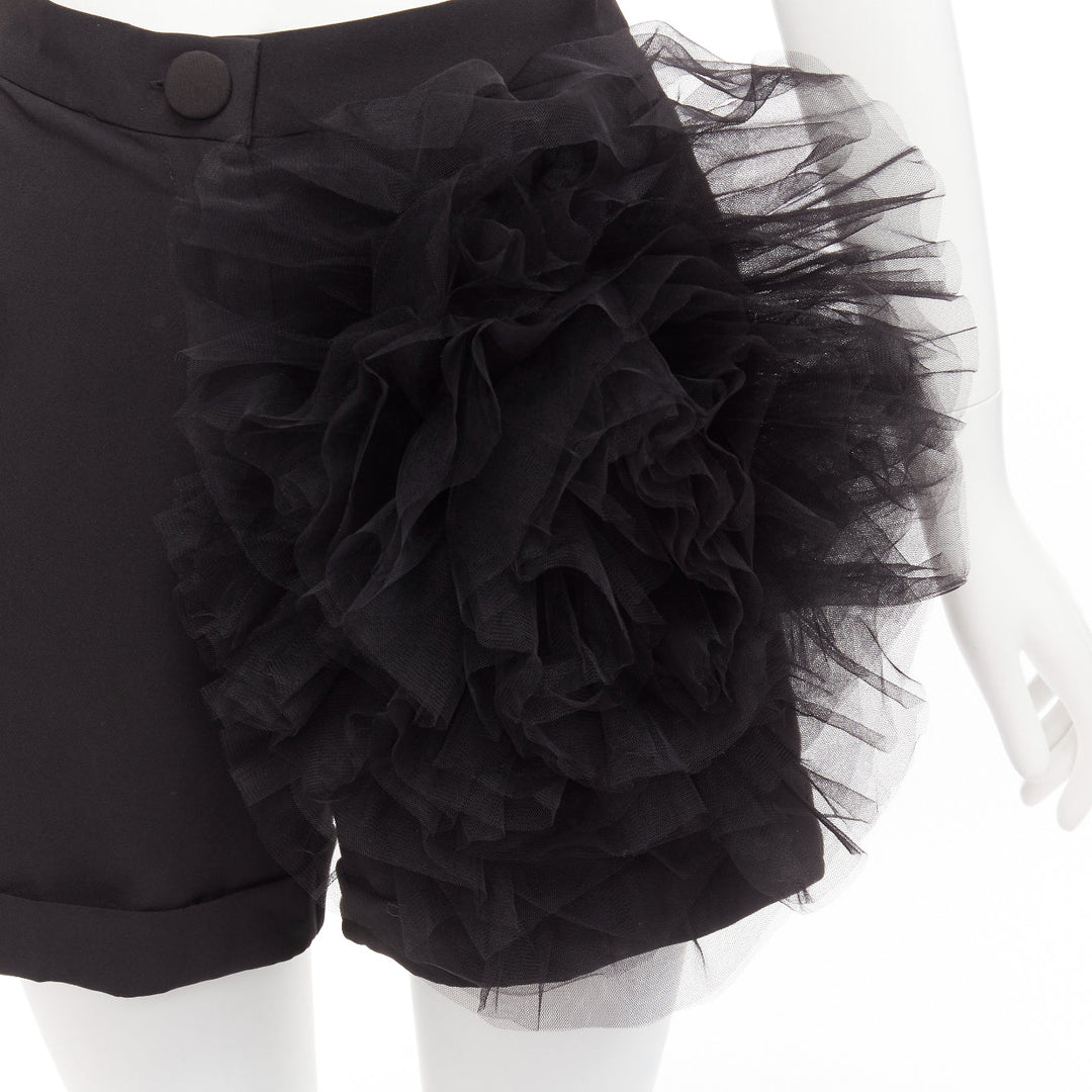 LOULOU STUDIO black oversized tulle flower high waisted cuffed shorts XS
