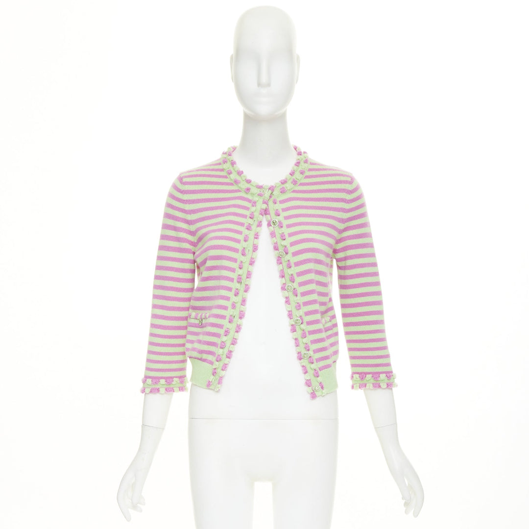 CHANEL 2025 Runway cashmere pink green striped swallow crystal cardigan FR36