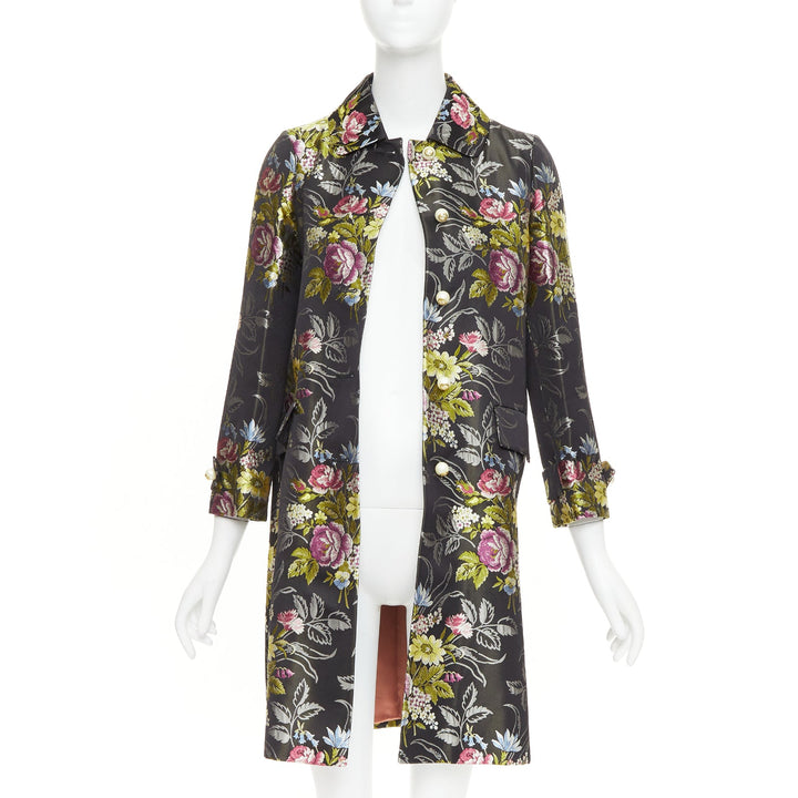 GUCCI 2016 Runway black silk floral jacquard GG pearl evening coat IT38 XS
