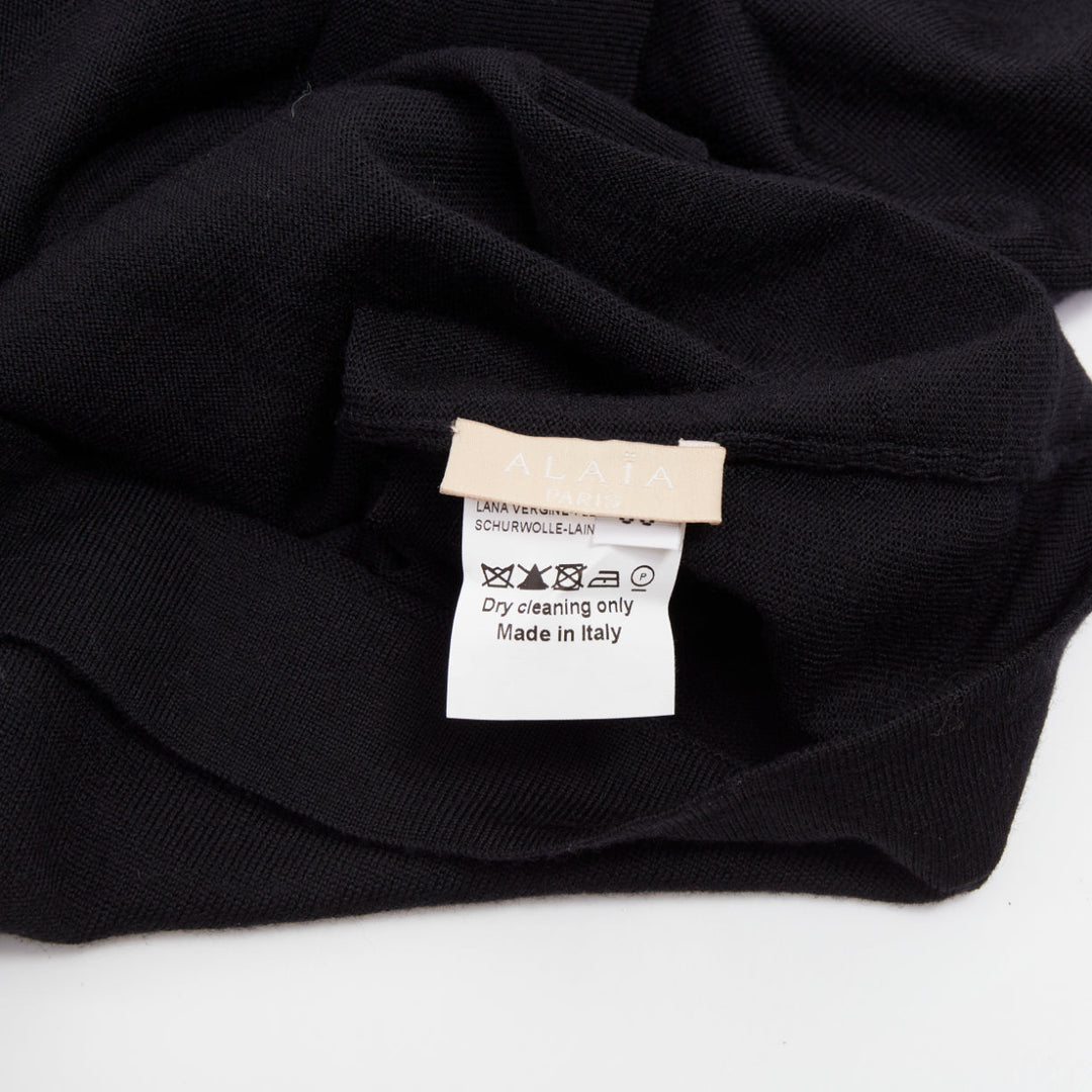 ALAIA virgin wool knit semi sheer black scalloped boat neck l/s top FR36 S