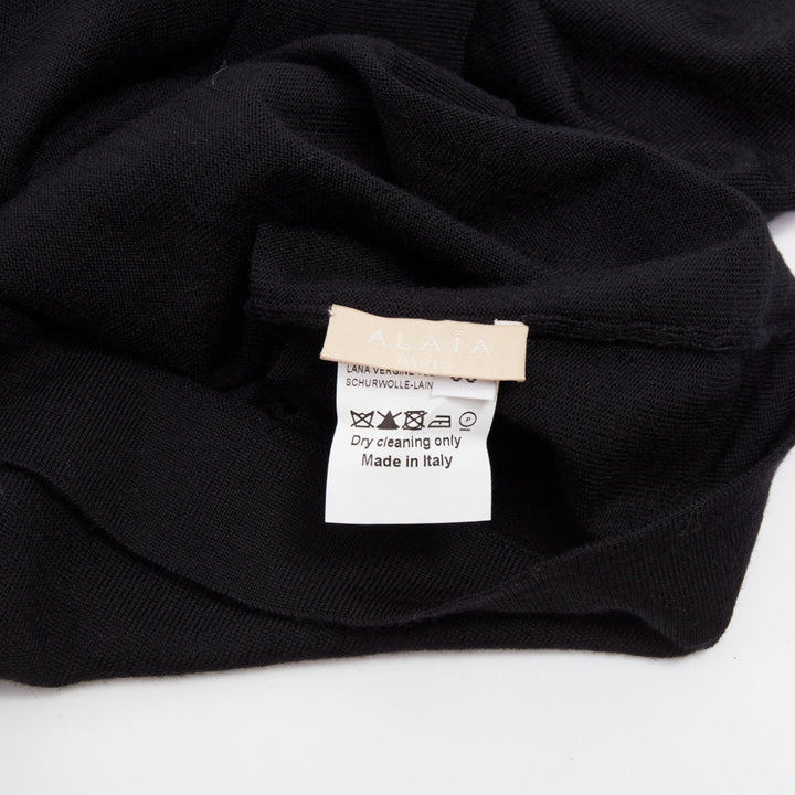 ALAIA virgin wool knit semi sheer black scalloped boat neck l/s top FR36 S