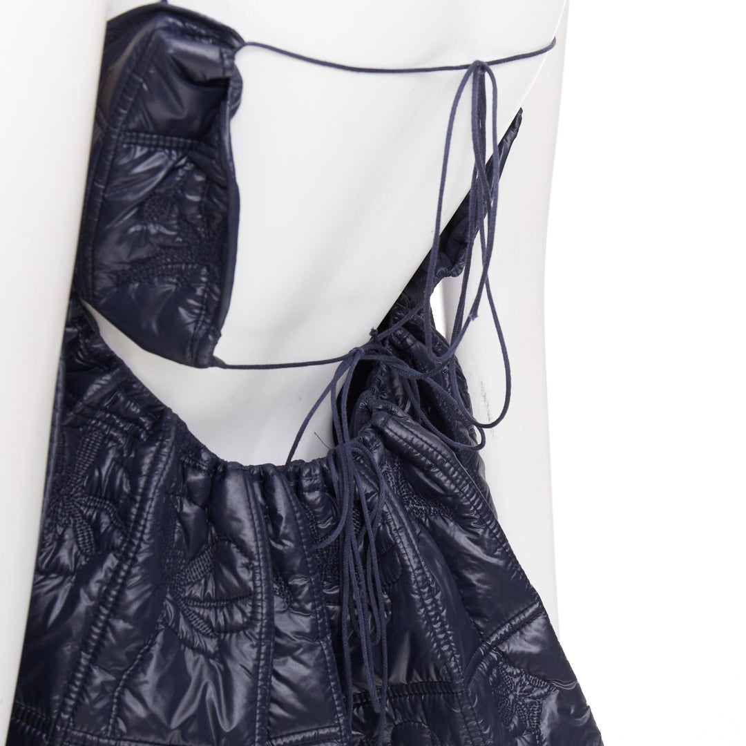 CECILIE BAHNSEN Celina navy floral quilted nylon peplum babydoll top UK6 XS