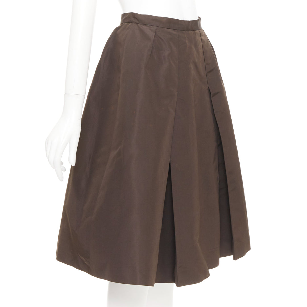 PRADA Vintage brown silk nylon grosgrain pleat flared a line midi skirt IT42 M