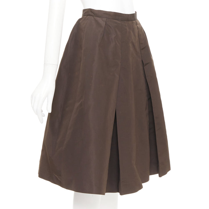 PRADA Vintage brown silk nylon grosgrain pleat flared a line midi skirt IT42 M