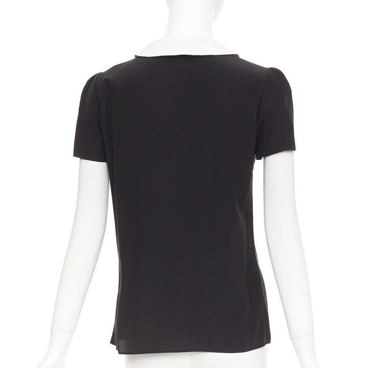 SAINT LAURENT 2014 black cream silk peter pan collar cap sleeve blouse FR36 S