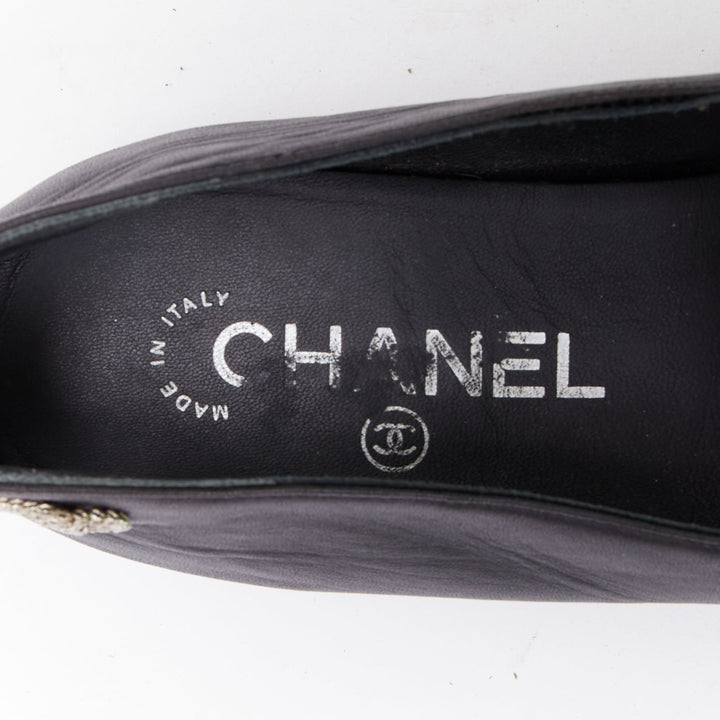 CHANEL black leather silver CC logo camellia flat loafer EU36.5