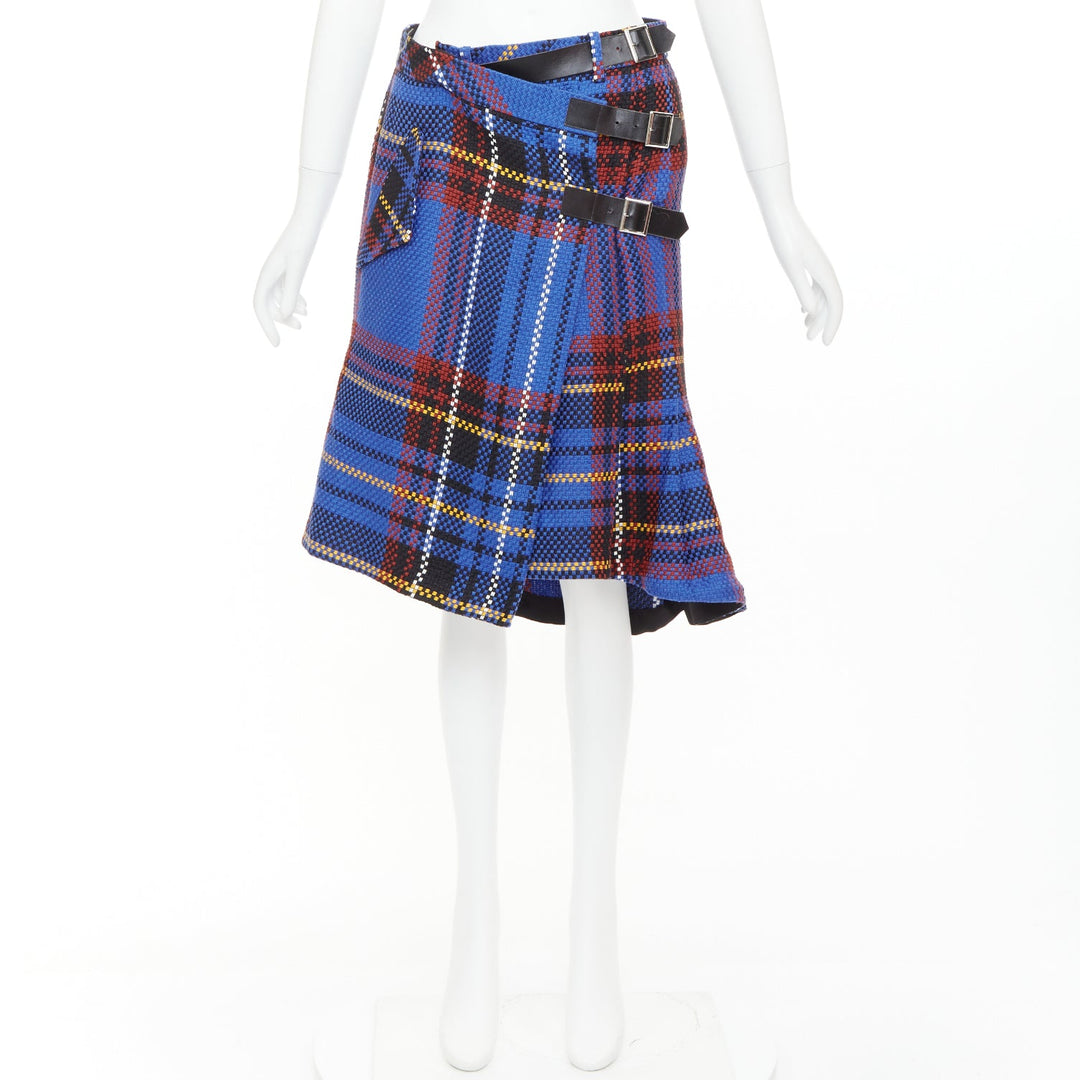 SACAI 2017 blue plaid check cotton blend leather buckle wrap kilt skirt JP2 M