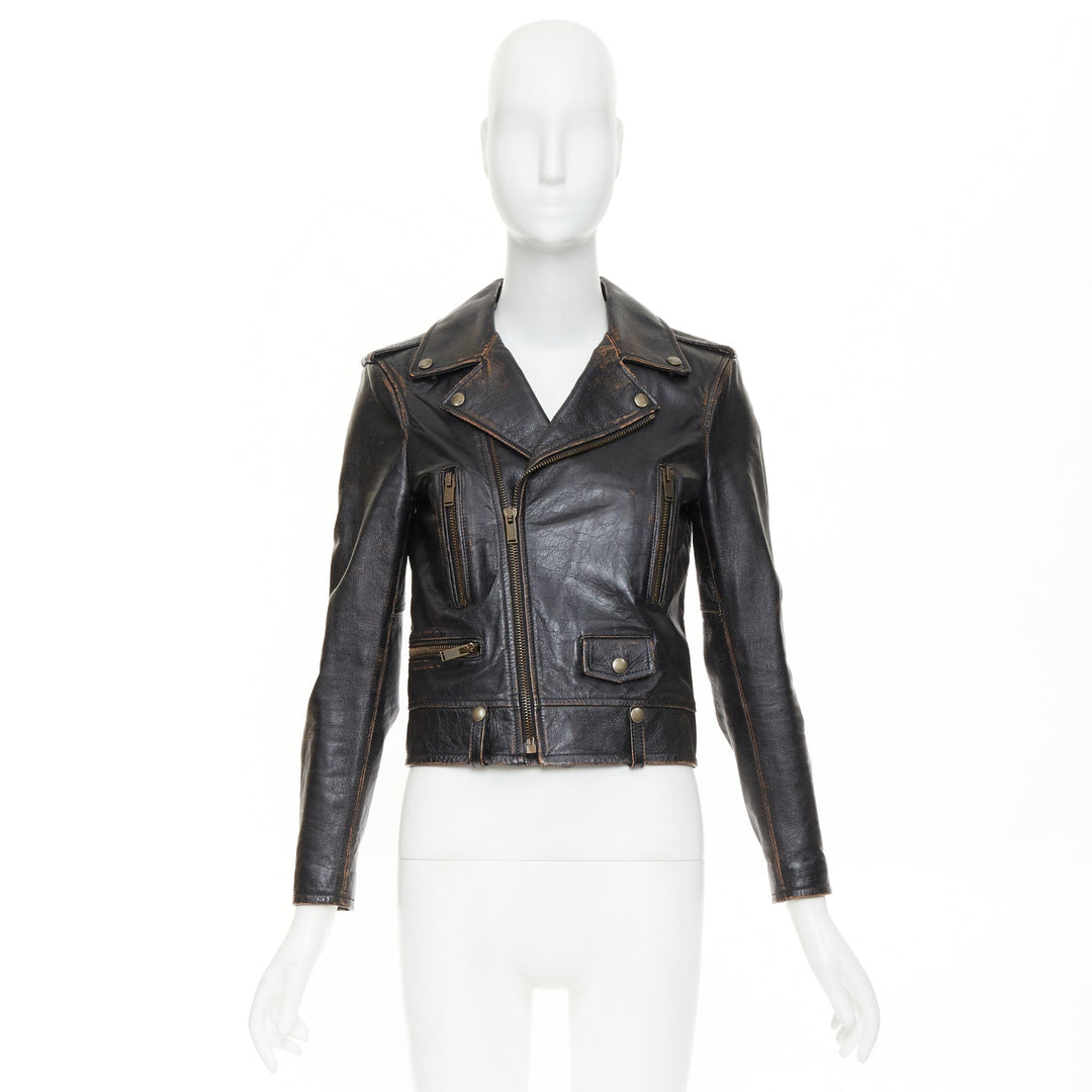 SAINT LAURENT 2017 Thunder Studded brown distressed calfskin moto jacket FR38 M