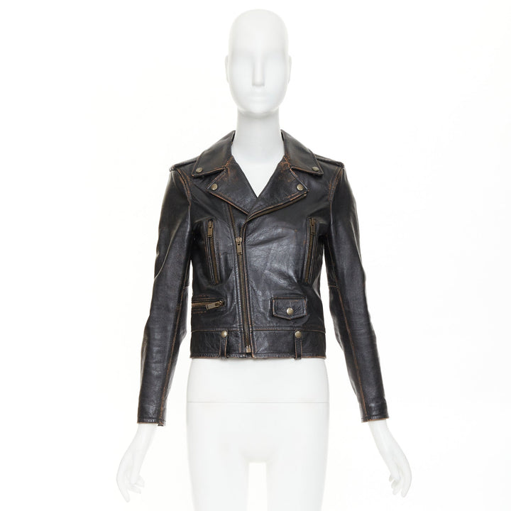 SAINT LAURENT 2017 Thunder Studded brown distressed calfskin moto jacket FR38 M