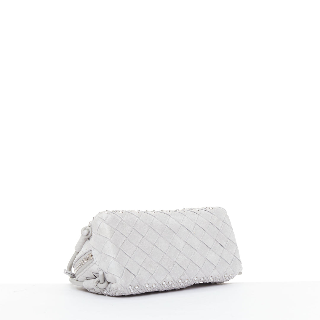 BOTTEGA VENETA 2024 Concert Pouch grey suede strass intrecciato woven bag