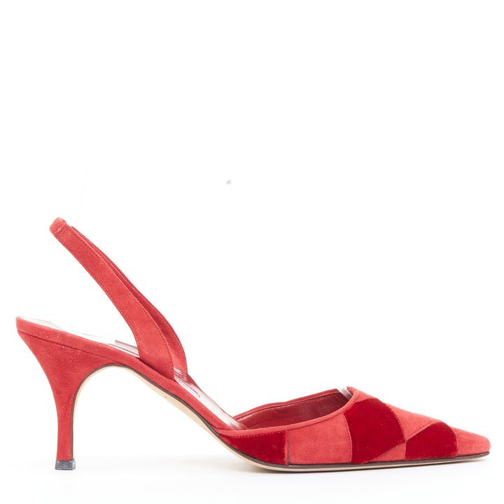 rare MANOLO BLAHNIK red suede harlequin check slingback pumps EU38
