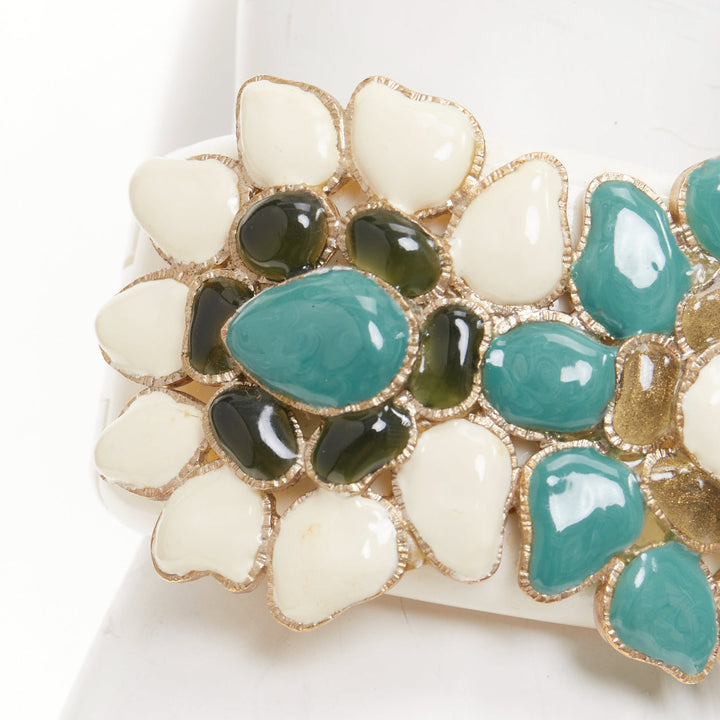 CHANEL 2014 Paris-Dubai floral gripoix cream teal black CC flowers cuff bangle