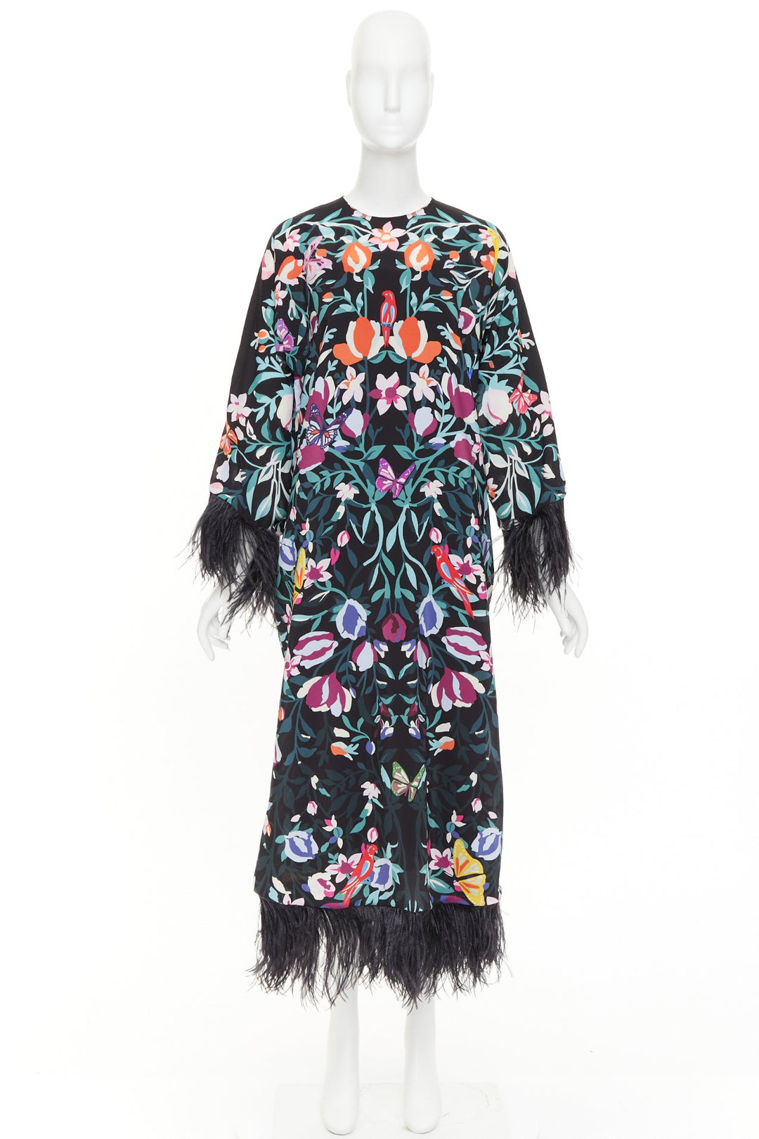 VALENTINO 2021 Runway black floral butterflies feather cuff maxi dress IT40 S