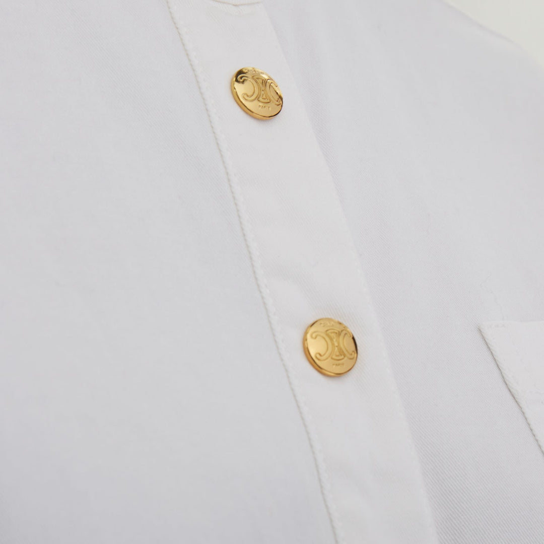 CELINE Triomphe optic white cotton anagram gold button crop popover shirt FR36 S