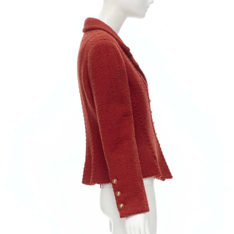 Runway CHANEL Vintage 93A red boucle tweed boned corset  jacket FR44