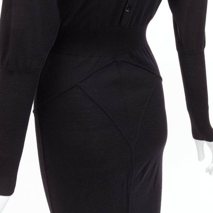 AZZEDINE ALAIA Vintage black wool collared long sleeve bodycon dress FR40 M