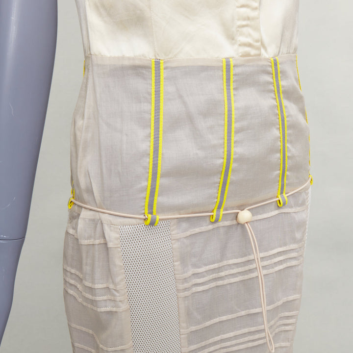 rare MIU MIU 1999 Runway beige technical patchwork satin neon trim dress IT44 L