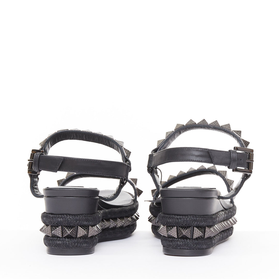 CHRISTIAN LOUBOUTIN Pyraclou 60 black leather spikes platform wedges EU38