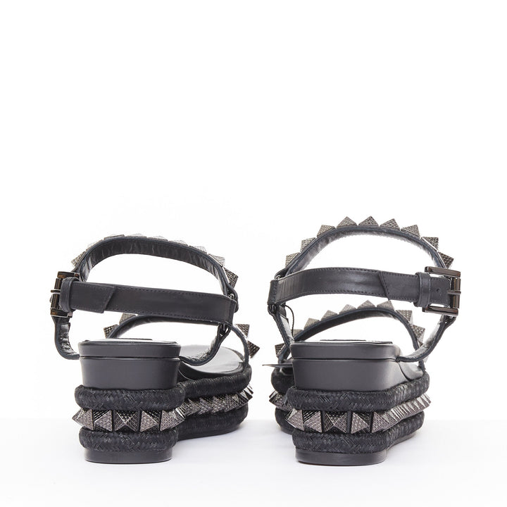 CHRISTIAN LOUBOUTIN Pyraclou 60 black leather spikes platform wedges EU38