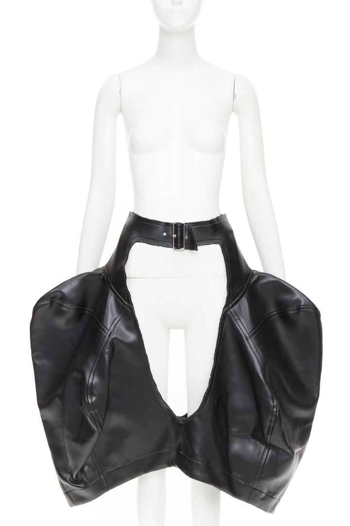 rare COMME DES GARCONS 2019 Runway black pleather cutout chaps pannier skirt M