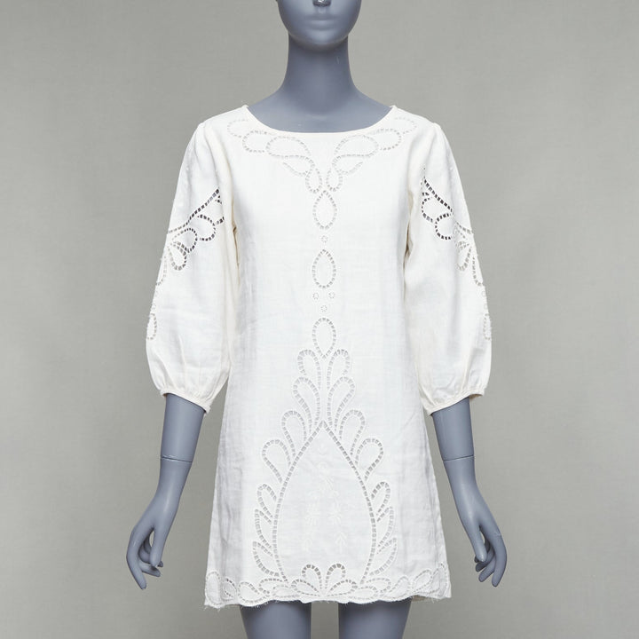 VIX PAULA HERMANNY Solid Jessey white linen lace lattice coverup boho dress S