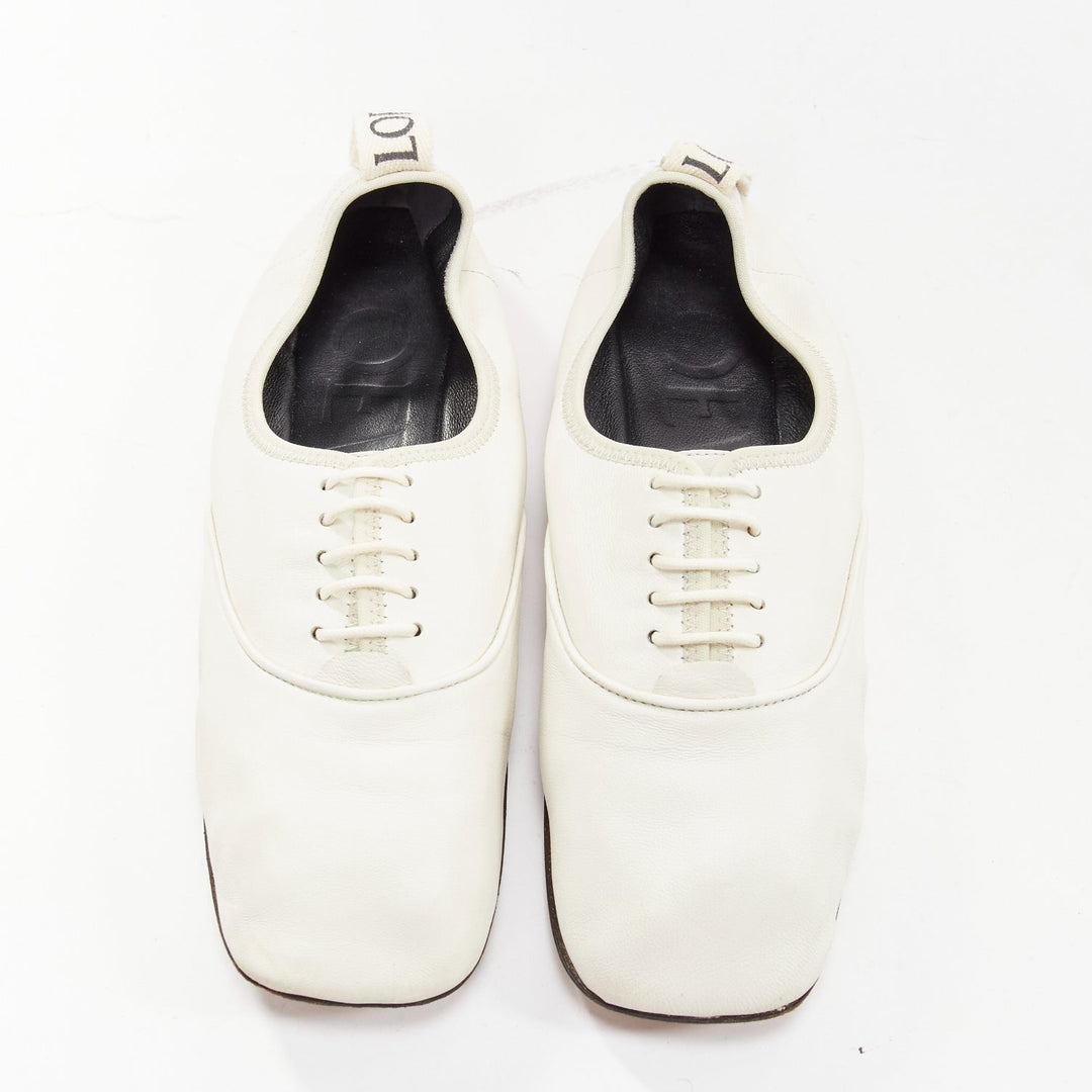 LOEWE Derby white soft leather black logo tab lace up flat shoes EU37