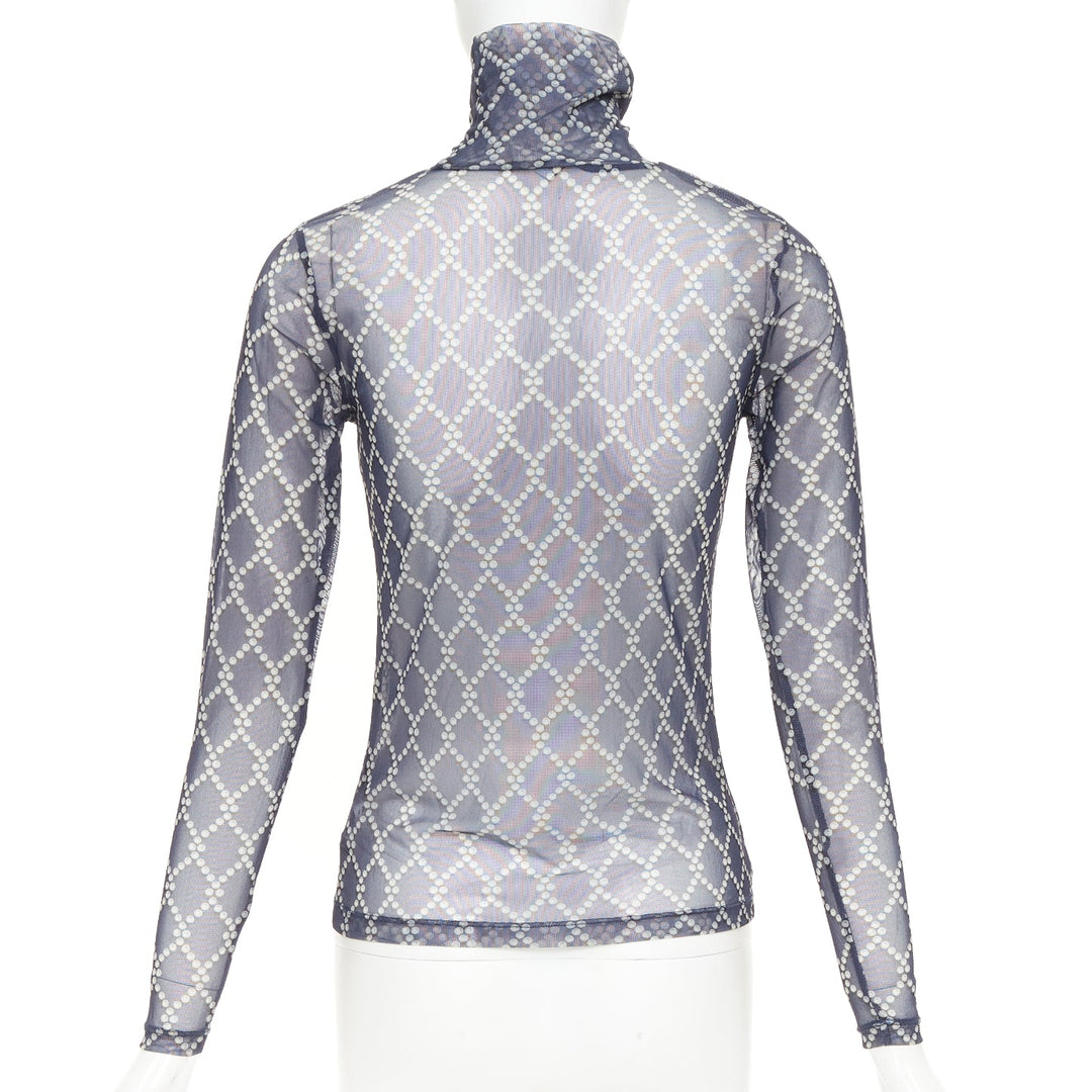 DRIES VAN NOTEN navy blue pearl diamond print high neck sheer top S