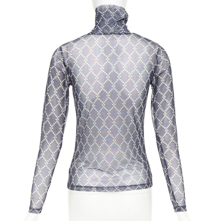 DRIES VAN NOTEN navy blue pearl diamond print high neck sheer top S