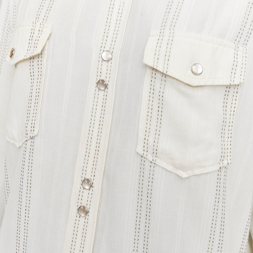 SAINT LAURENT 2019 cream modal blend gold metallic stripe weaved western shirt S