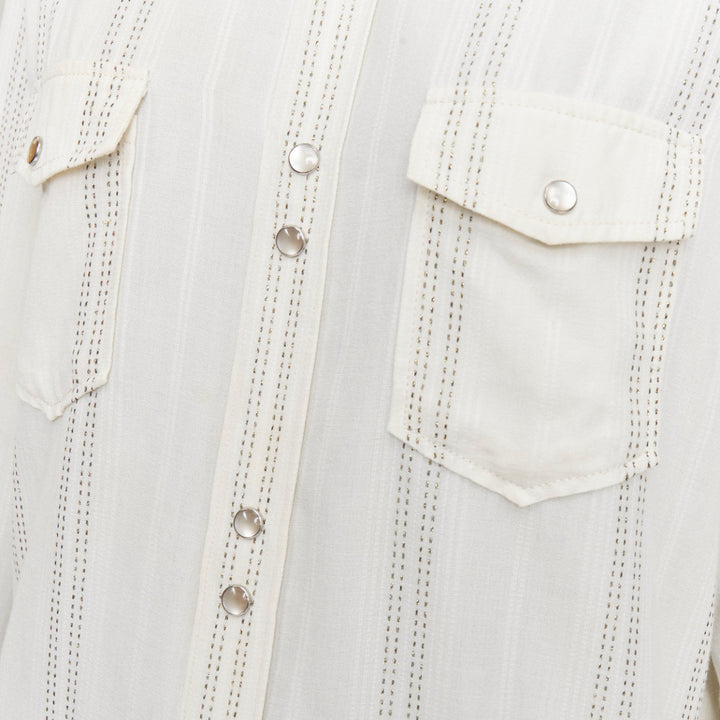 SAINT LAURENT 2019 cream modal blend gold metallic stripe weaved western shirt S