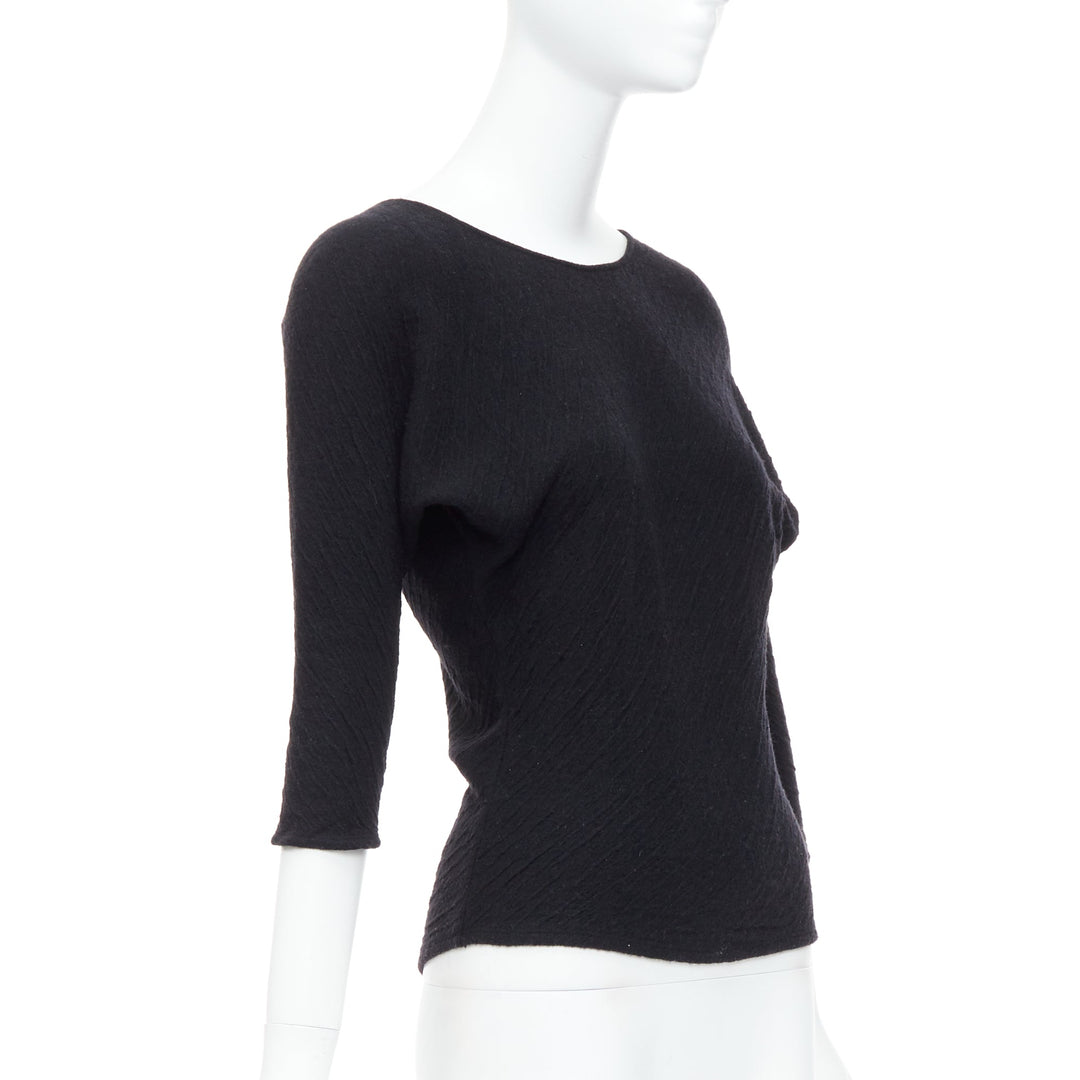 THE ROW black textured bateau neck cropped sleeve pullover top