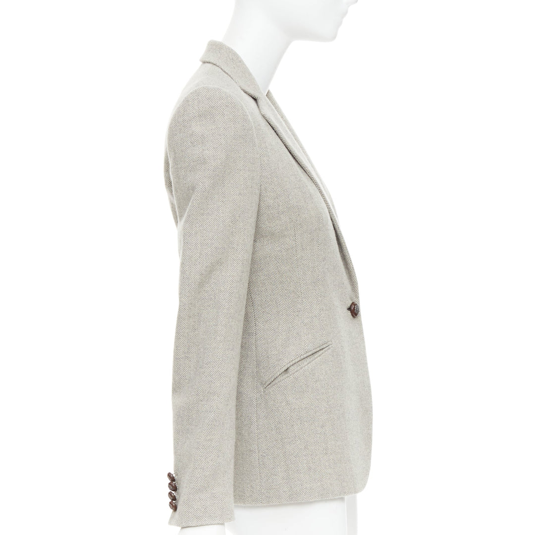 RALPH LAUREN Black Label grey merino wool herringbone leather button blazer US2