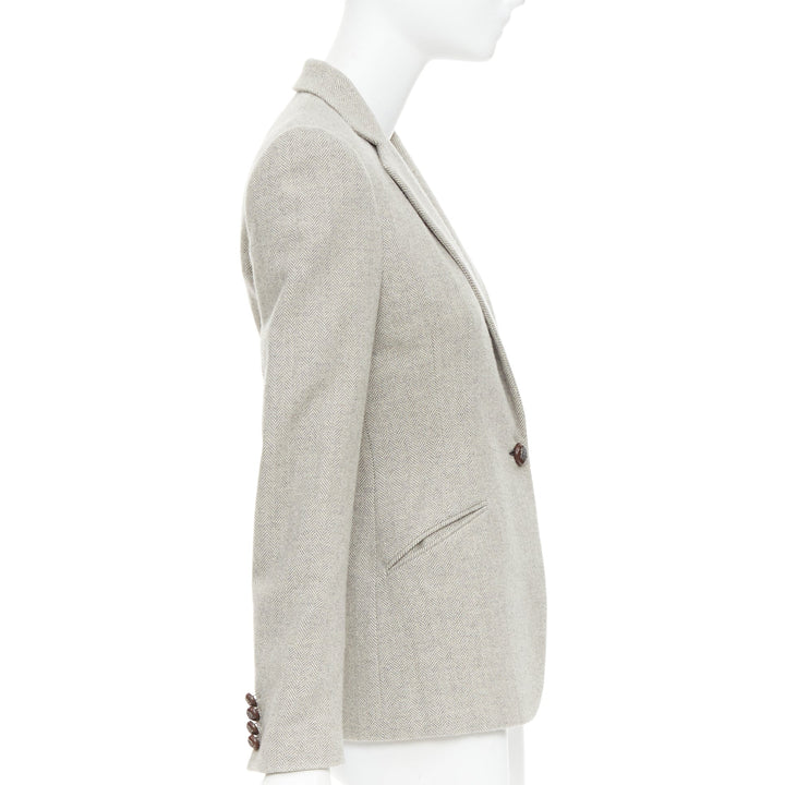 RALPH LAUREN Black Label grey merino wool herringbone leather button blazer US2