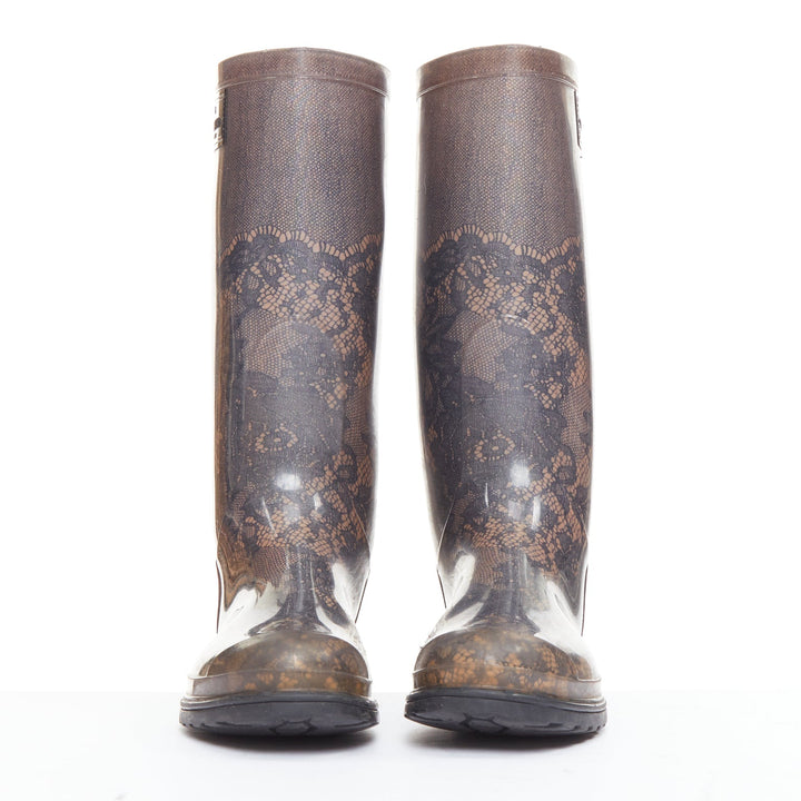 VALENTINO GARAVANI grey nude lace print rubber rain boots EU39