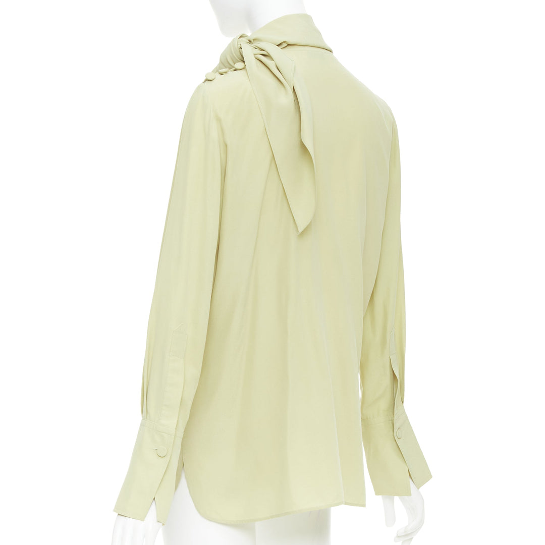 JOSEPH Geoff pea green silk toile tie neck buttons long sleeve blouse FR36 S