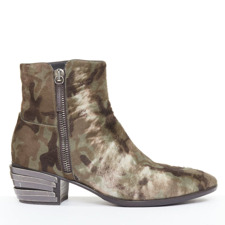 GIUSEPPE ZANOTTI navy green camouflage ponyhair metal tiered heel boots EU43