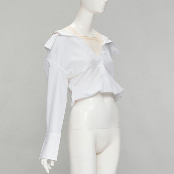 ALEXANDER WANG nude yoke white crystal embellished off shoulder cropped shirt S