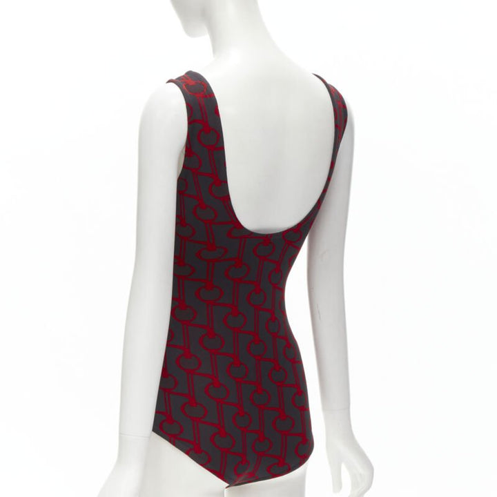 PRADA 2019 black red geometric knit button strap bodysuit top S